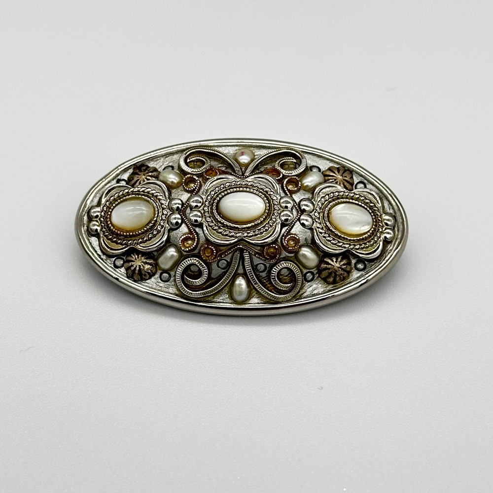 MICHAL GOLAN Vintage Filigree Brooch Pendant Silver Mother of Pearl OS